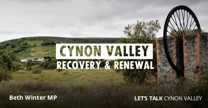 Image of Dare Valley Country Park with overlaid text: Cynon Valley, Recovery & Renewal. Let
