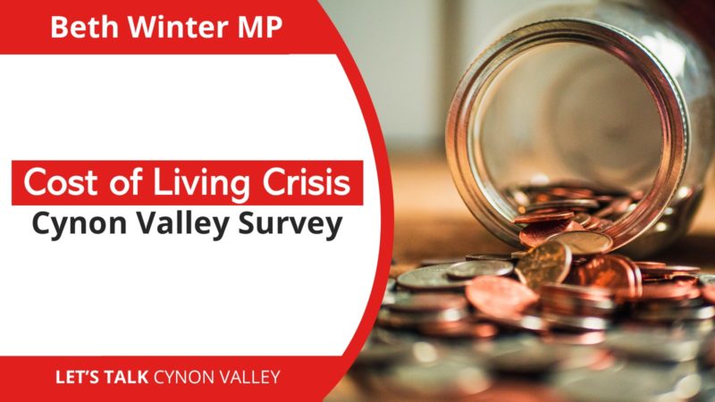 Image of small change in a jar with text: Beth Winter MP; Cost of Living Crisis Cynon Valley Survey and slogan 